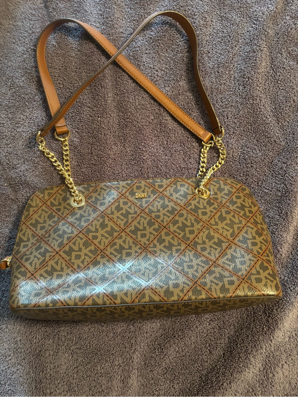 DKNY Brown and Tan Signature Pattern Shoulder Bag with Gold Chain